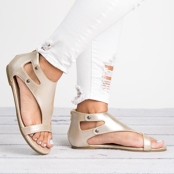 Gold T- Strap Sandals - Picture 2 of 2